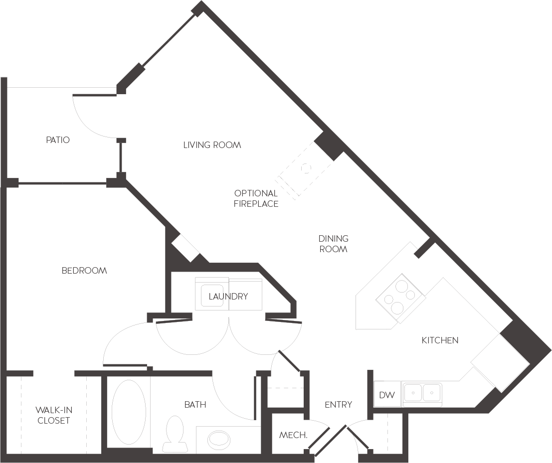 Floor plan for 1 bed, 1 bath, 764 sqft